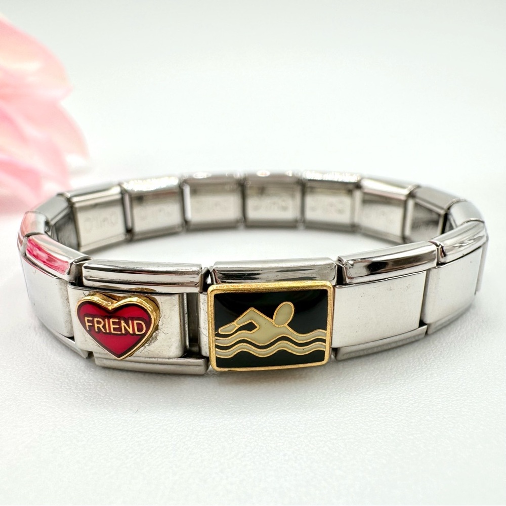 Vintage Nomination Style Italian Modular Stainless Steel Charm Bracelet Y2K 90s